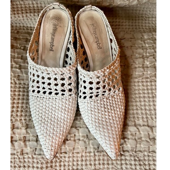 Jeffrey Campbell Leone Woven Leather Slip On Pointed Toe Mules in White - Picture 4 of 6